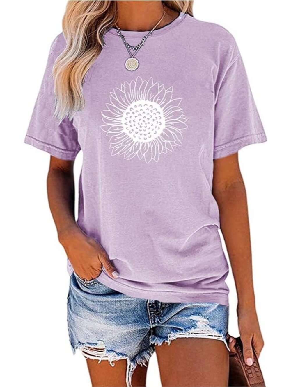 Women's Purple Short Sleeve Crew Neck Sunflower Graphic Vintage Tee Shirts Tops